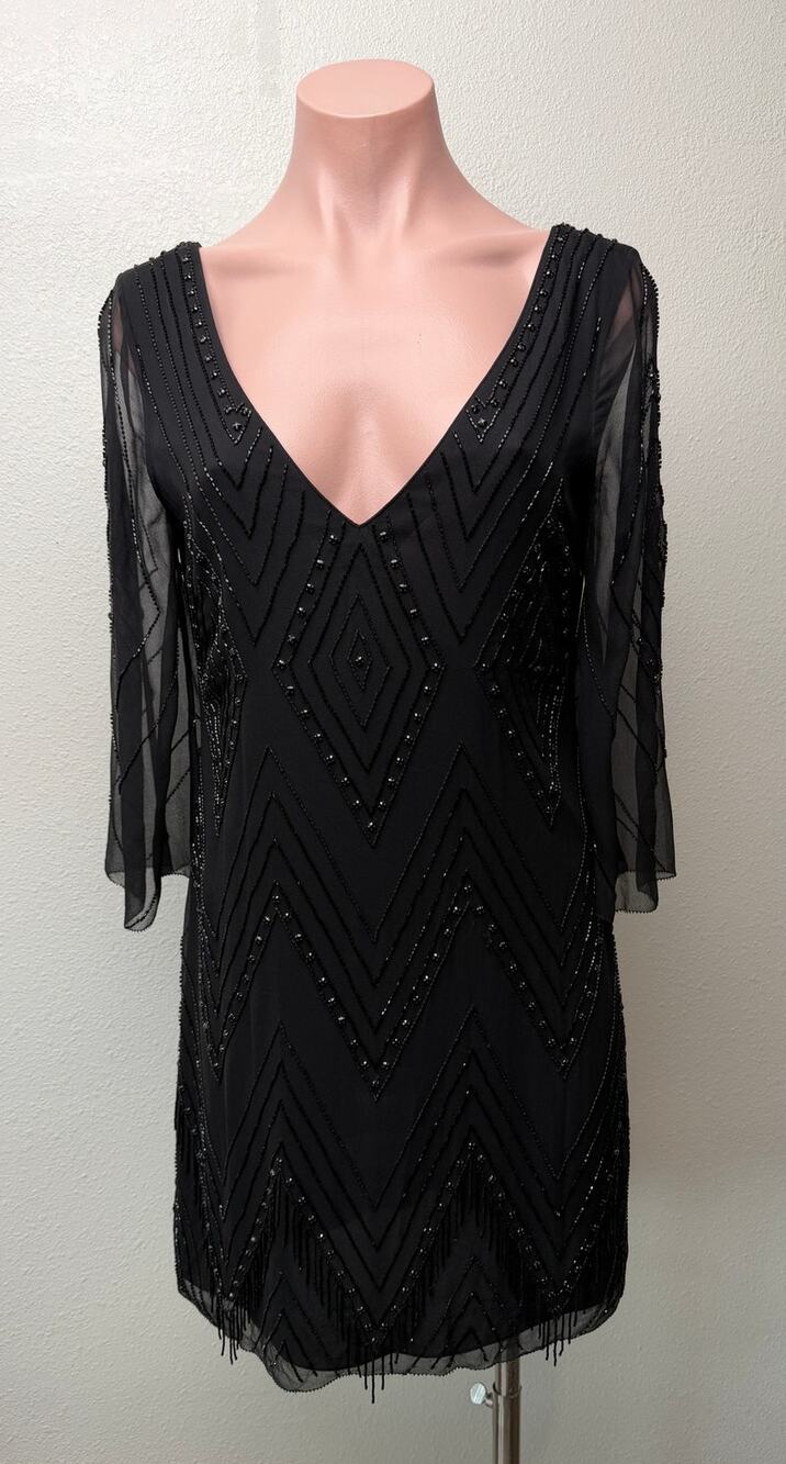 Alice + Olivia Black Beaded V Neck Mini Dress Women US 4